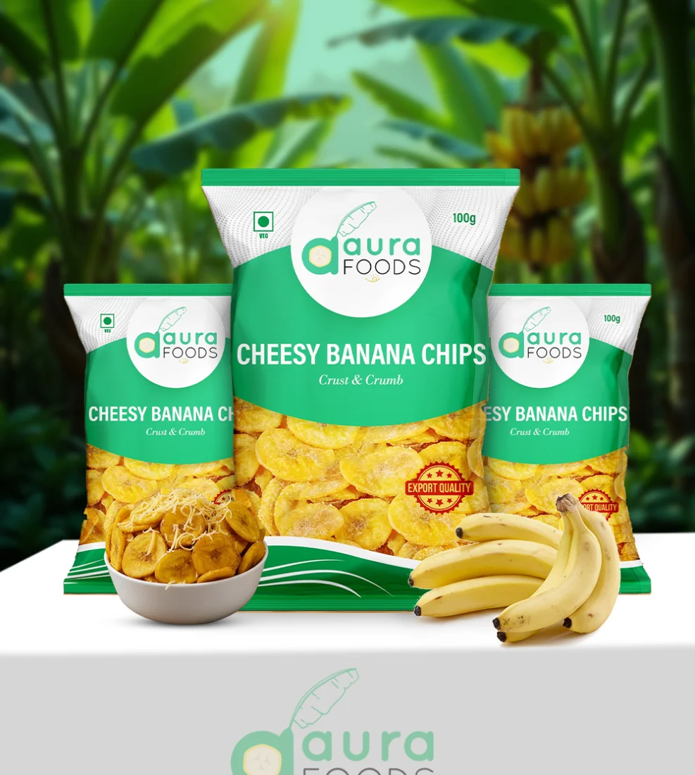 Freshly fried Nendran banana chips being seasoned in factory